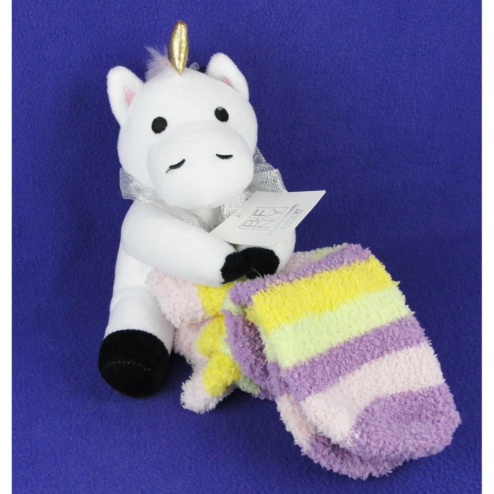 BFNY Kids Unicorn Plush and Fuzzy Socks Gift Set White Purple Gold Stuffed